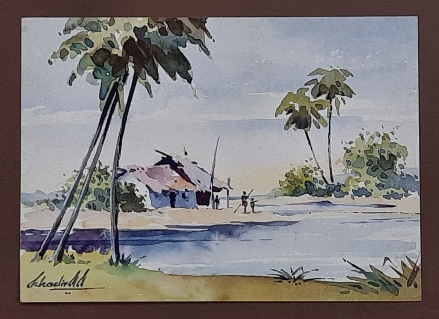 Palms by the water — painting by Abdul Qadir