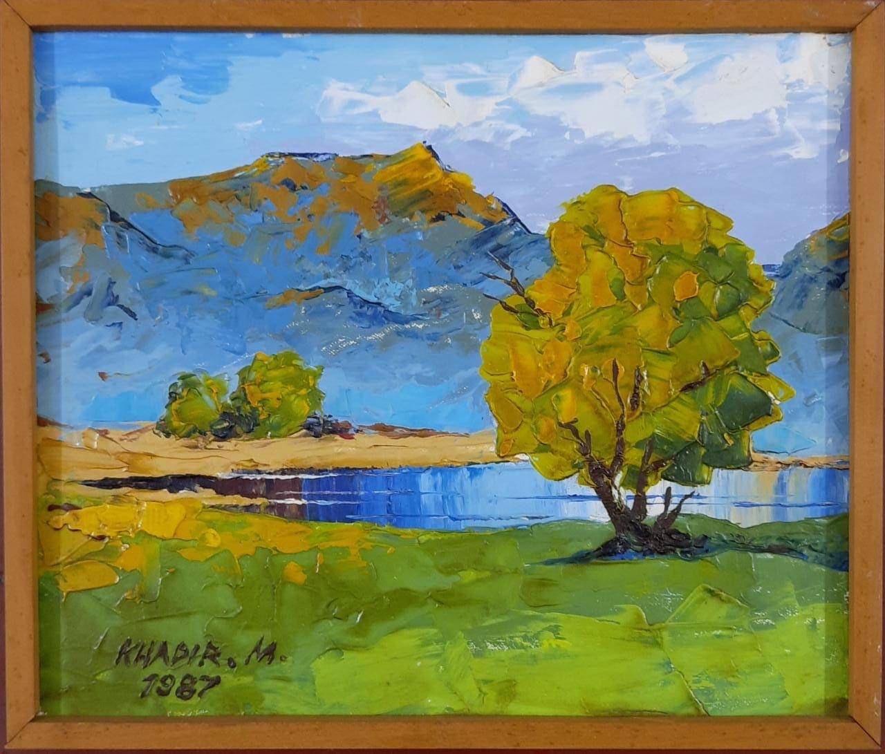 Tree beside a lake — painting by Abdul Qadir