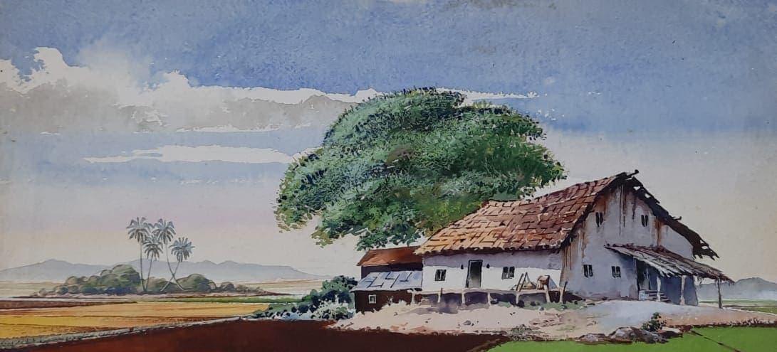 Farmhouse and fields — painting by Abdul Qadir
