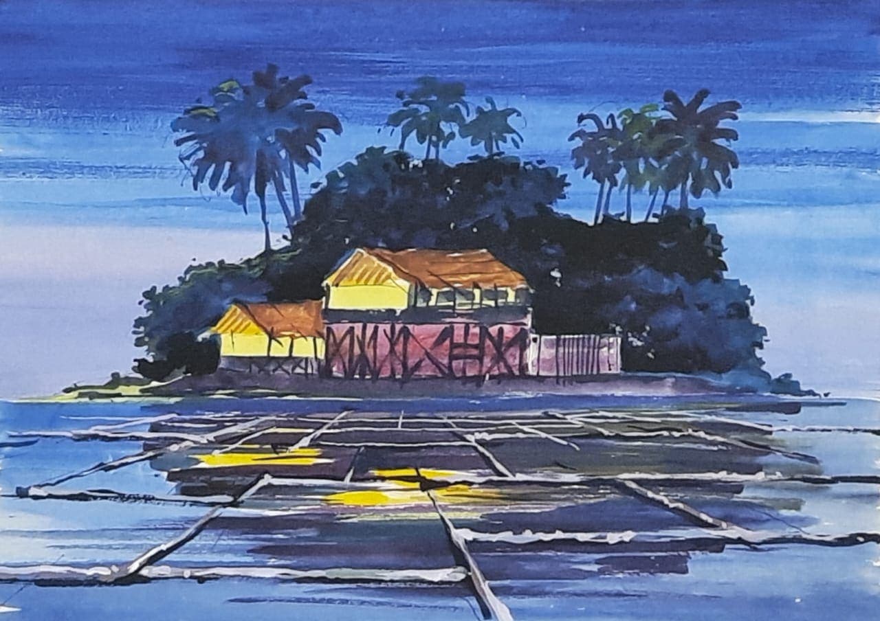 Waterside houses — painting by Abdul Qadir