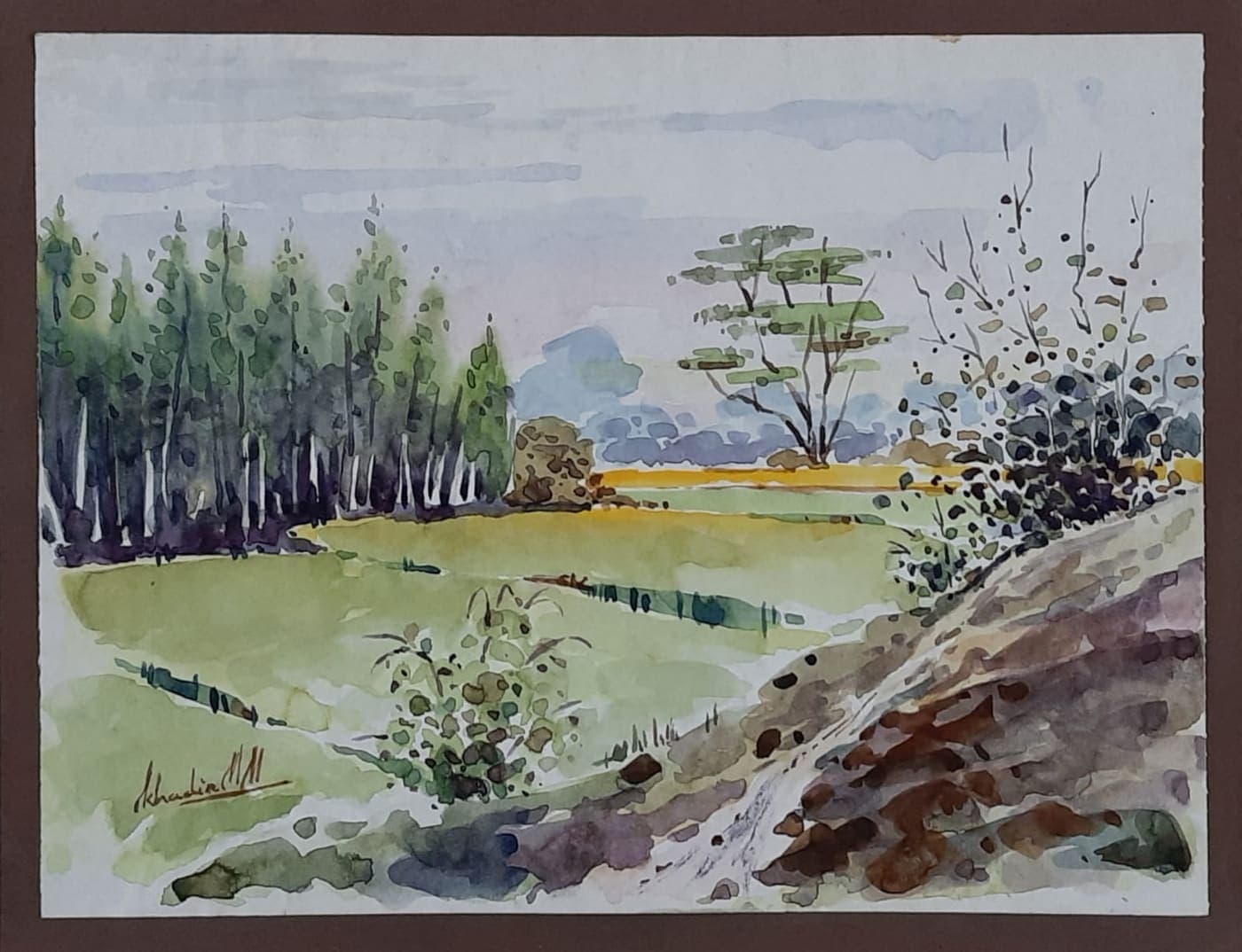 Fields and woodland — painting by Abdul Qadir