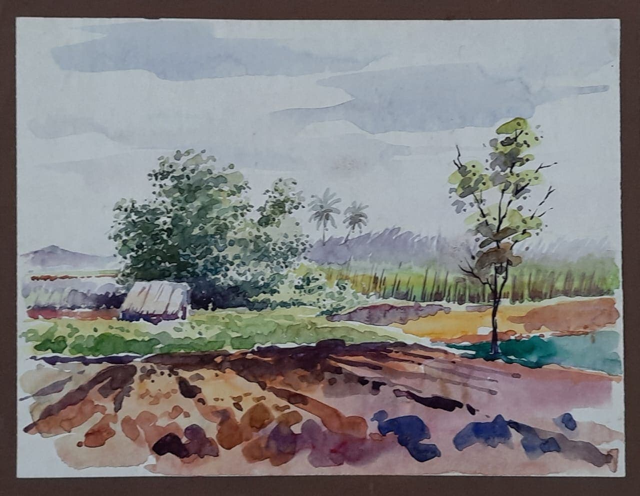 Fields after harvest — painting by Abdul Qadir
