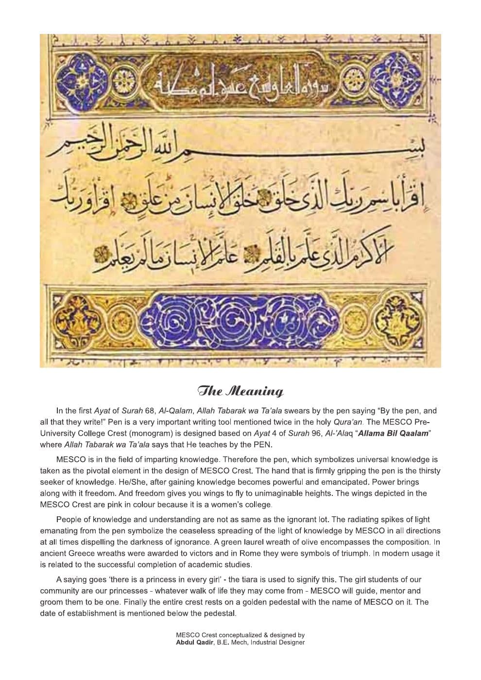MESCO crest presentation and rationale