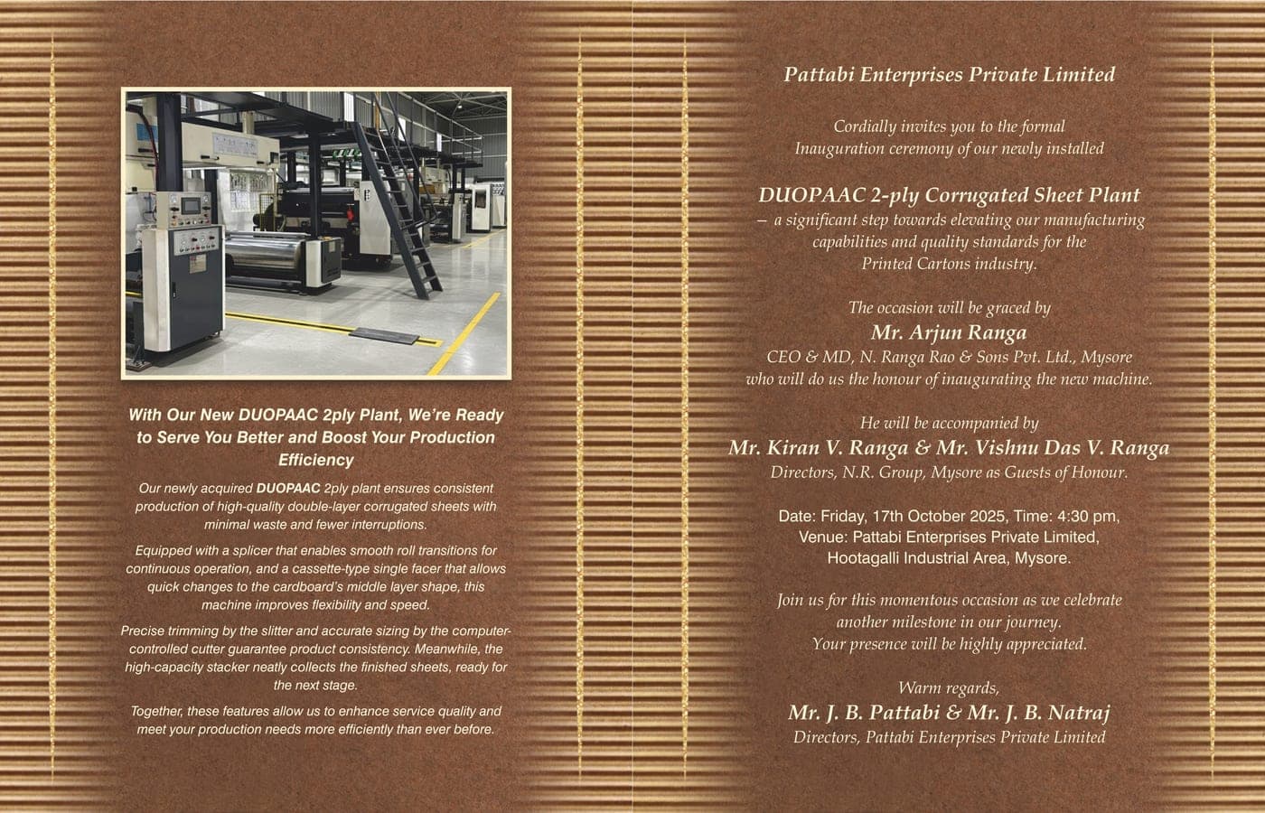 Pattabi corrugated machinery event invitation inner
