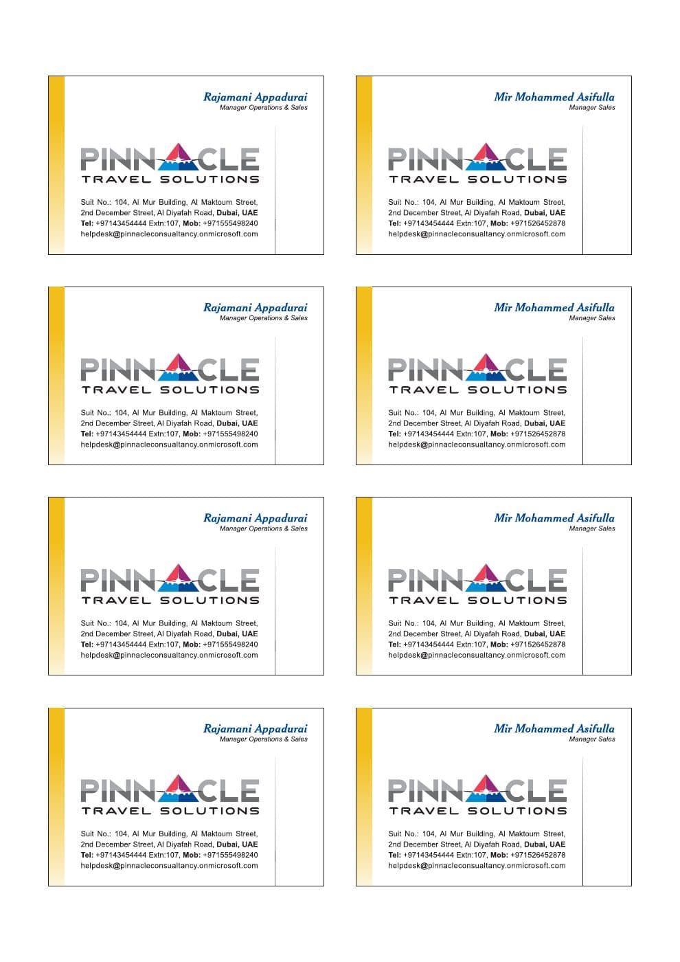 Pinnacle Travel business-card system